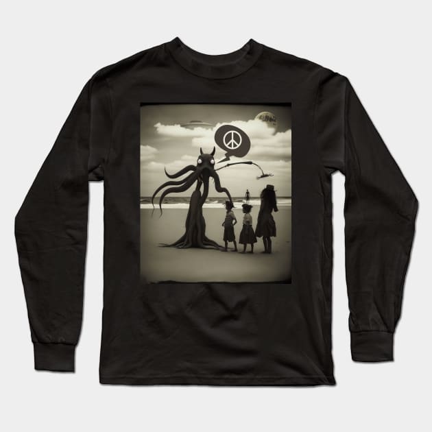 We Come In The Spirit Of Peace & Cooperation: Alien Invasion Long Sleeve T-Shirt by Kye Chambers 